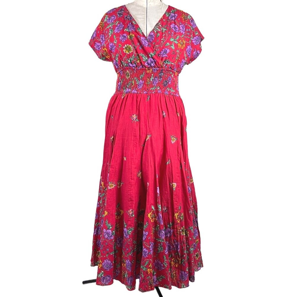 J.Peterman Red Floral Cotton V-Neck Short Sleeve Circle Skirt Midi Dress Size 10